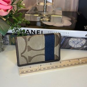 Coach brown leather and tan jacquard logo with navy stripe card case